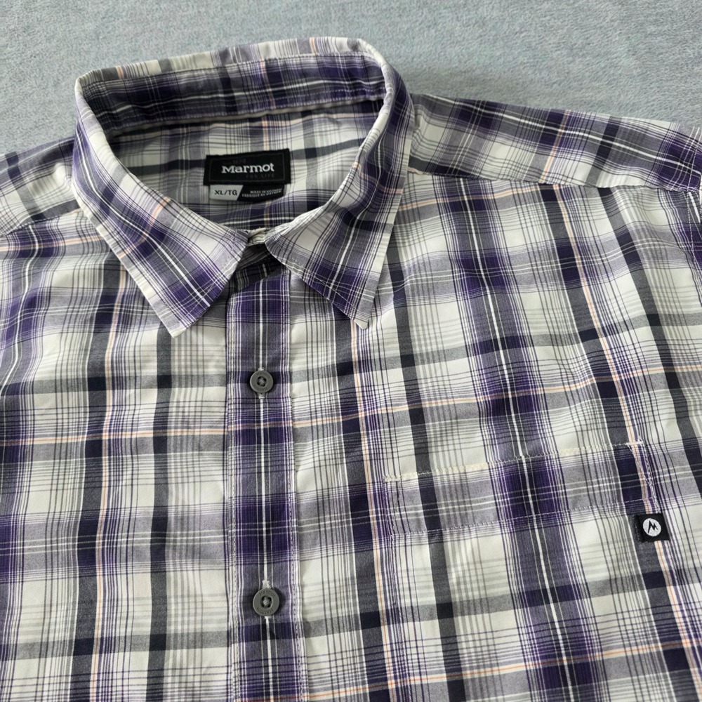Marmot Mens XL Short Sleeve Plaid Button Down Hiking Shirt Purple White